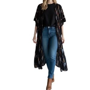 Ariat Womens Western Bull Skull Crochet Lace Trim Duster Kimono Black XL/XXL